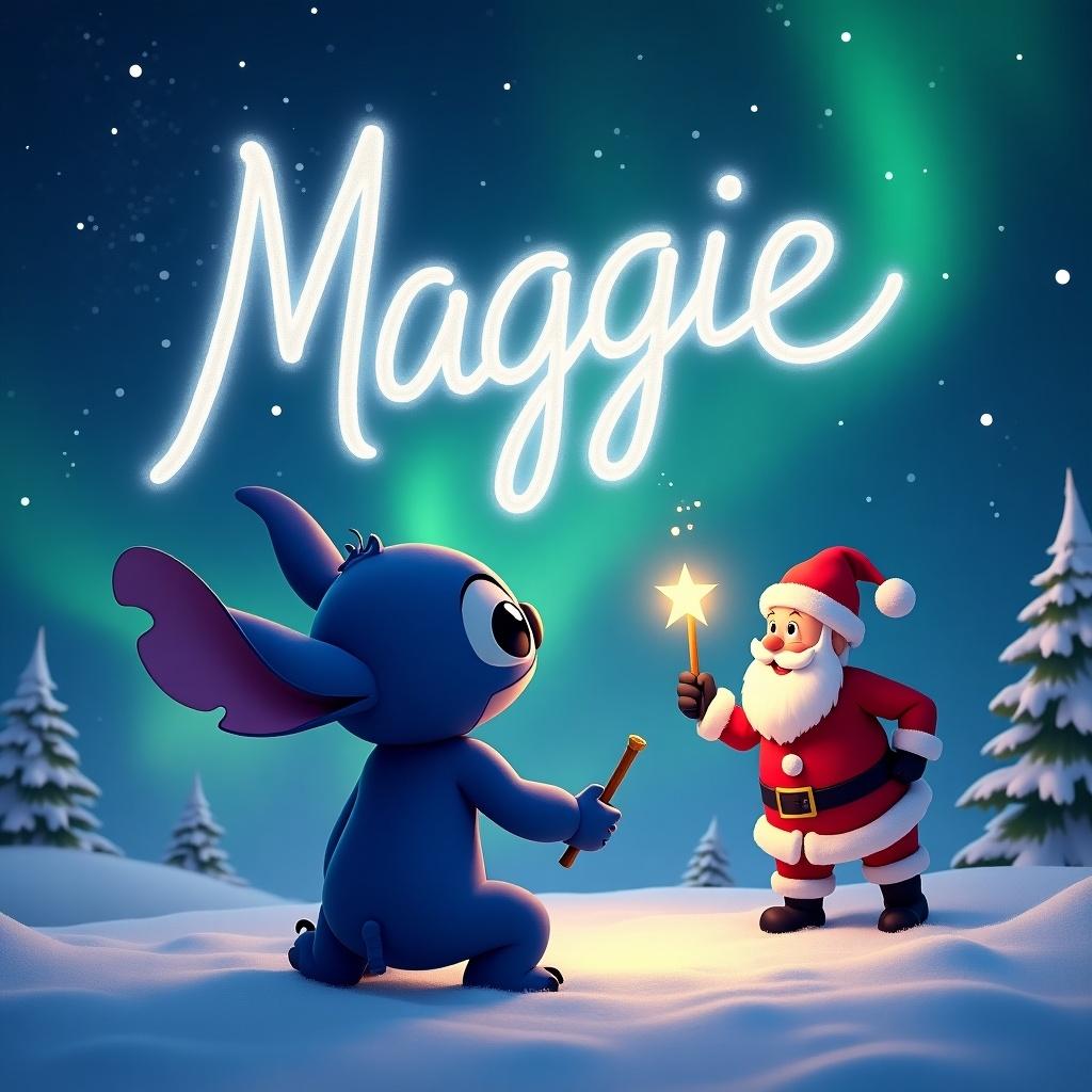 Stitch is joyfully facing the sky. He uses a wand to write the name Maggie. A magical Christmas background is present featuring northern lights. Santa appears elegantly writing in the air.