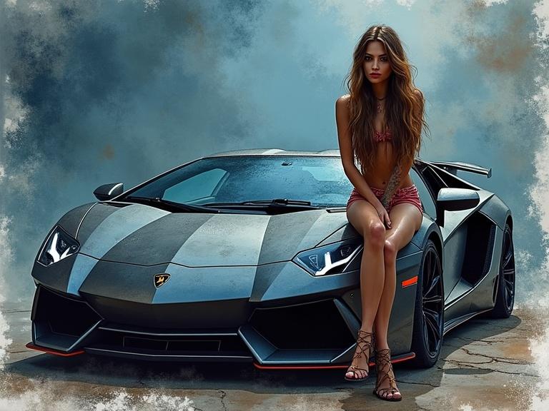 A young woman with long hair and smoky eyes poses in front of a Lamborghini. The artistic style blends watercolor splatter techniques with surreal atmospheric effects. The scene features soft-focus lighting and organic ink textures. It captures a mood of elegance and luxury.