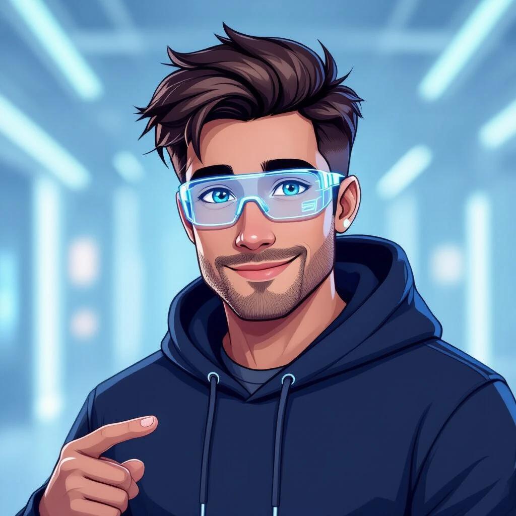 A friendly male avatar with semi-human features. Avatar has glowing blue cybernetic eyes and smooth skin. He wears a minimal high-tech hoodie. Background with light-blue and white tones is softly blurred. Avatar appears calm and intelligent while pointing left. Image style is stylized vector art with high resolution and clean lighting.