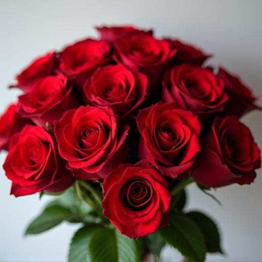 A classic bouquet composed of vibrant red roses arranged elegantly with lush green leaves on a neutral background.