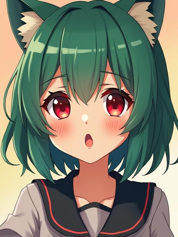 Anime character with cat ears, green hair, and red eyes, looking surprised or curious, in a school uniform.
