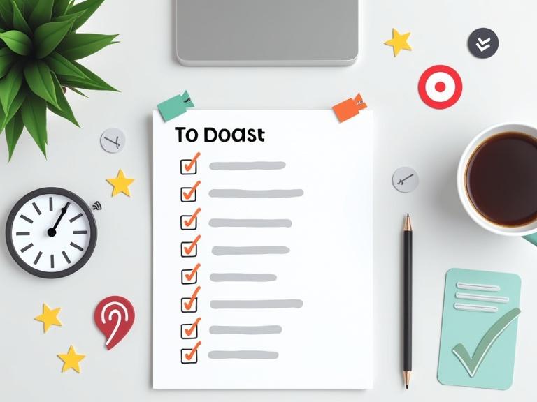 Clean modern workspace image showing a to-do list with checked tasks and highlighted elements. Includes icons like target clock and checklist.