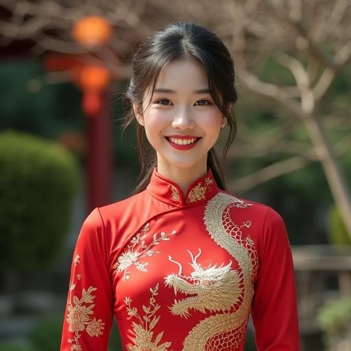 Photorealistic Asian woman wearing traditional qipao dress. She has a gentle smile. The dress is red with a golden dragon pattern. The setting is a traditional Chinese garden. High-quality image with sharp focus.