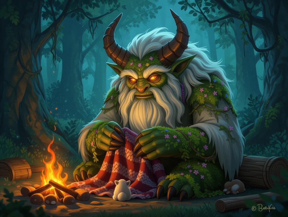Ancient monster with moss and flowers. Huge gnarled horns. Hunched like a grandmother. Warm glowing amber eyes. Knitting at a campfire. Baby animals at its feet. Gentle large hands. Twilight forest backdrop. Magical and cozy ambiance. Ultra-detailed concept art.