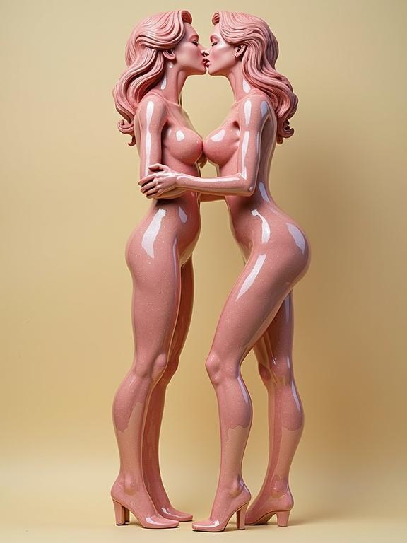 Ultrarealistic depiction of two female silhouettes kissing. Made from glass and metal materials. Artwork inspired by famous artists. Exhibit of human form in pink and beige colors.