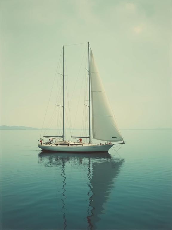 Surreal side view of a classic 1964 yacht floating on calm water with empty space above and below. The yacht is in the center surrounded by a muted sky and soft lighting. No other objects are present in the scene.