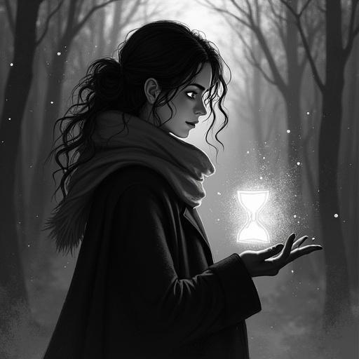 Portrait of a calm and thoughtful woman in a dark coat and scarf. She looks intensely at a glowing hourglass symbol in her palm. The scene is set in a dark forest with muted colors. The mood is heavy with emotion and reflection. No cartoonish features, strictly black and white.