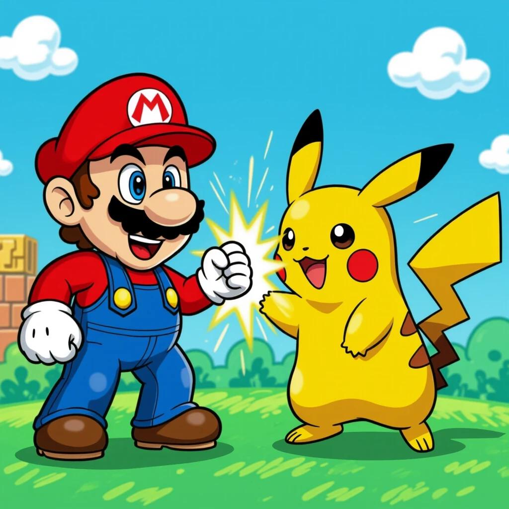 Mario from the Super Mario franchise smiles and poses with Pikachu from the Pokémon franchise. Both characters are in a green field under a bright blue sky. Mario wears a red hat and blue overalls. Pikachu has yellow fur with black stripes. They appear friendly and happy.