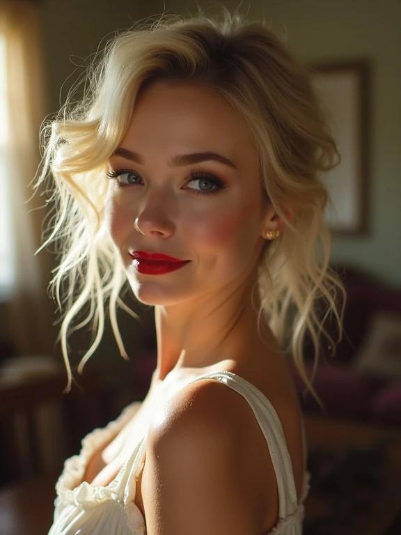 Young woman wearing babydoll dress at a vanity. Hair styled voluminously and makeup done with smoky eyes and blood-red lipstick. Natural lighting in a living room setting. Unpolished aesthetic with a soft focus. Enthusiastic expression and playful demeanor.