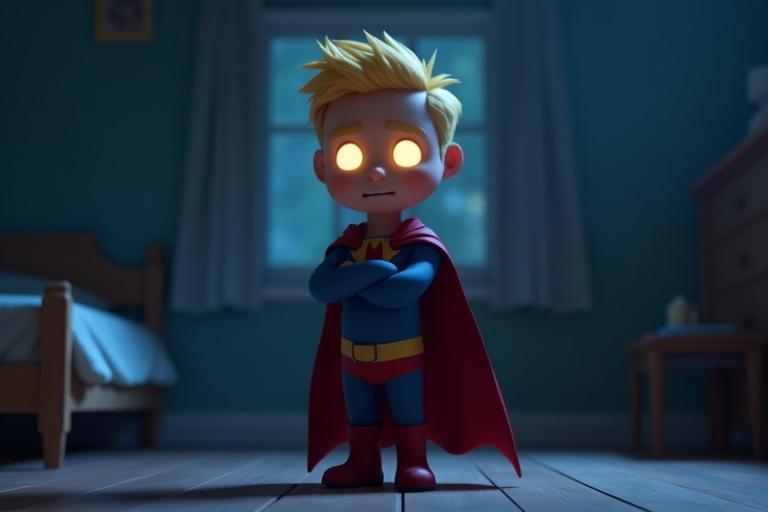A dramatic 3D animated scene with a heroic boy character wearing a blue suit and red cape. The character stands confidently in a dimly lit bedroom, conveying deep emotions. The environment uses dark daylight colors such as deep blues and grays to enhance the mood. A bed is visible in the background with soft lighting from a window.