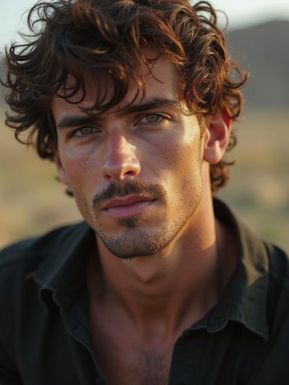 Close-up portrait of a handsome man with curly hair and striking features. Natural background with soft lighting accentuating his facial features.