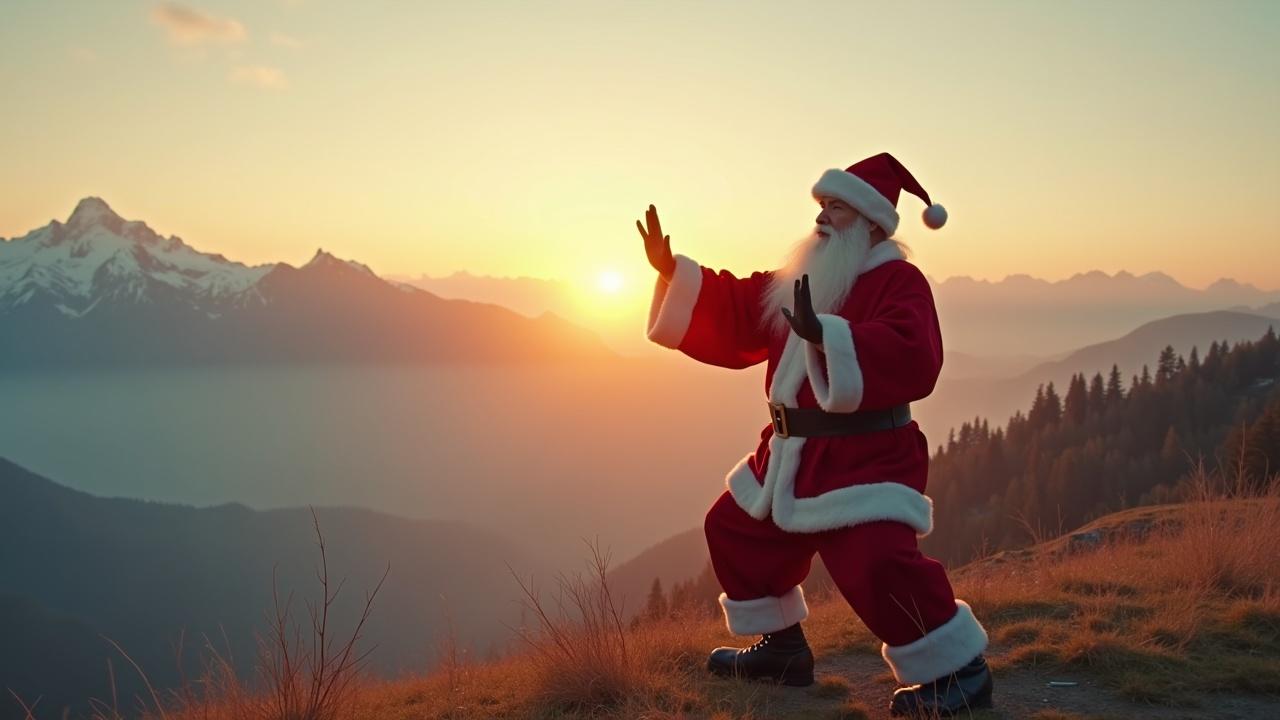 Cinematic image features Santa Claus practicing Tai Chi. Scenic misty mountains at twilight with snow in distant mountains with soft light and sunshine.