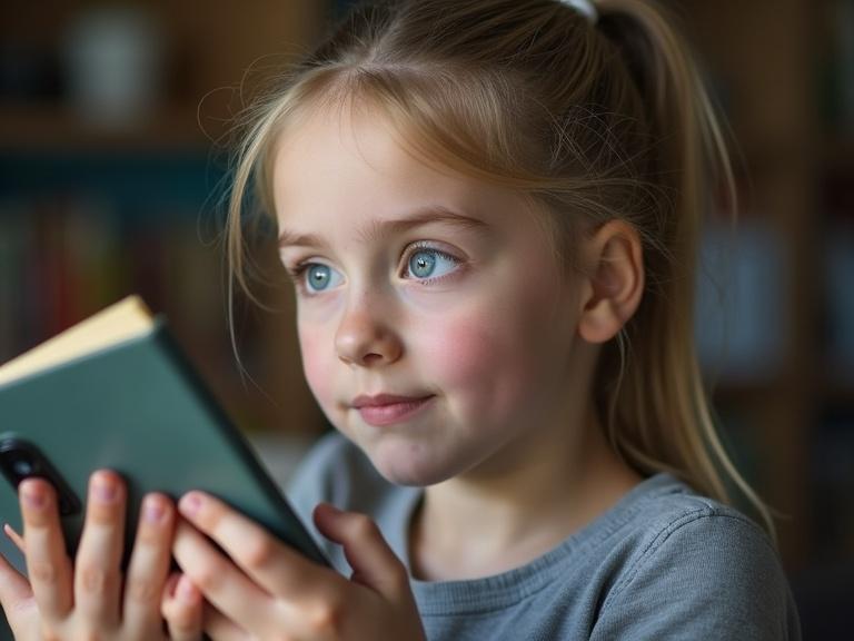 A photo features a girl with blue-grey eyes and a ponytail. She holds a phone in her right hand and a book in her left. Her gaze is directed towards the phone. The background is softly blurred with some objects visible.