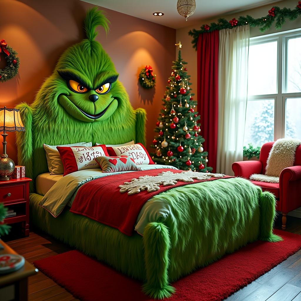 Design a room inspired by the Grinch with playful themes. Include a bed featuring a Grinch face with a mischievous grin. Use green and red colors with fun pillows. Add a quirky Christmas tree with mismatched ornaments. Hang Grinch-themed stockings. Incorporate wreaths that appear hastily made. Feature a green fuzzy rug. Place a cozy armchair with a red blanket. Show a window with a snowy scene.