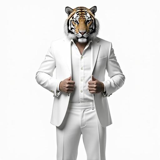 A man wears a white suit. A tiger's head replaces the man's head. His hands are out of the trousers. The style is highly realistic.
