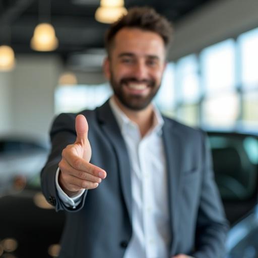 High-resolution stock photo of a friendly car salesperson handing over a vehicle to customers. Bright dealership interior visible with cars in the background. Professional and inviting atmosphere.