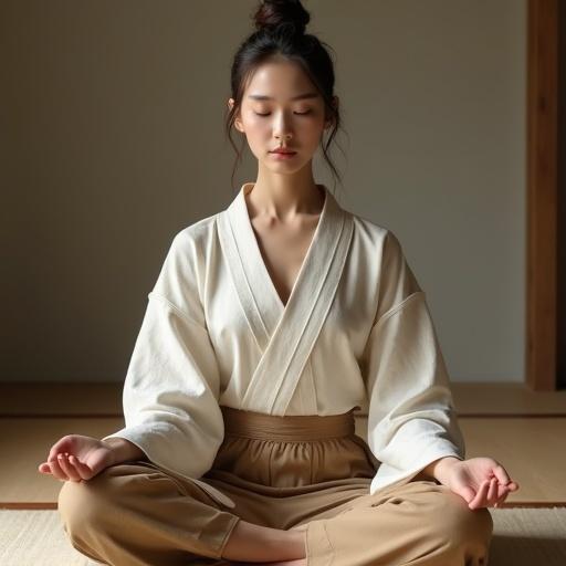 Portrait of a 25-year-old woman with mixed facial features. She sits in zazen meditation pose with straight back and legs crossed. Hands form cosmic mudra in lap. Serene expression with elegant face and flawless skin. Natural light brown hair is tied back neatly. Wearing a linen kimono-style top and trousers in earthy tones. Background is clean and traditional, creating a calm atmosphere.
