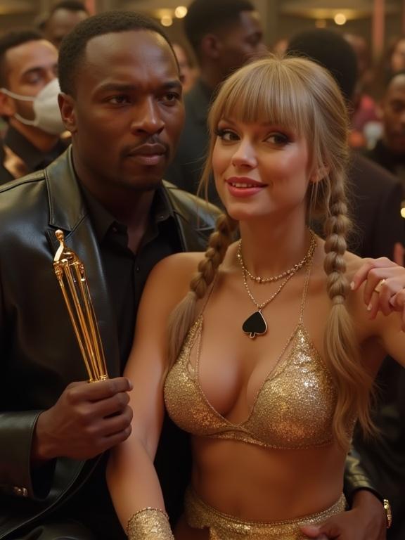Scene at an awards show featuring a couple. Woman with long blonde twintails and bangs. She wears a gold pushup bikini and holds an award. The man is a black rapper. They sit close, smiling and dancing. Glamorous setting with other guests around.