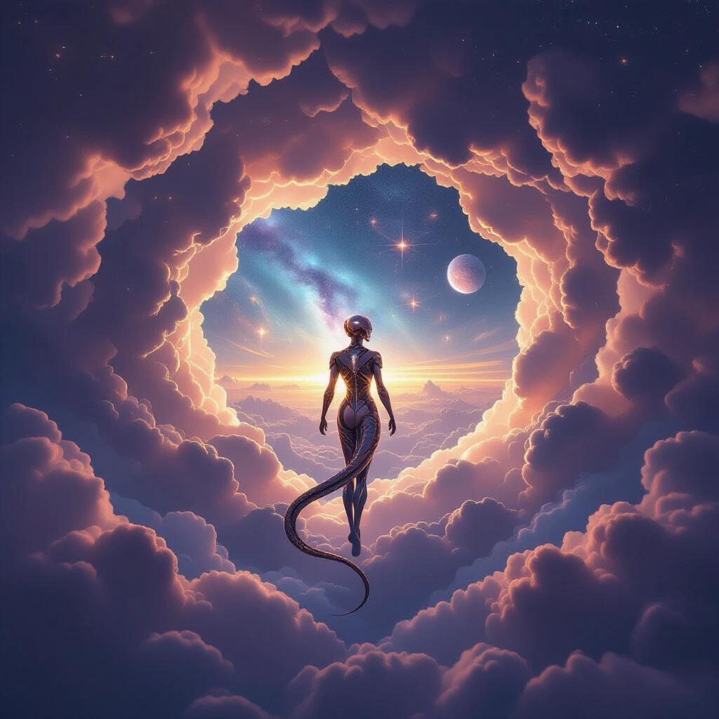 Ultra-detailed cinematic matte painting depicting a Dragon-android. She stands silhouetted against a cosmic portal. Surrounding are pink cloud formations, sparkling stars and planetary rings. Visuals integrate fractal designs and wave-function effects. Artwork characterized by deep color contrast and HDR grading.