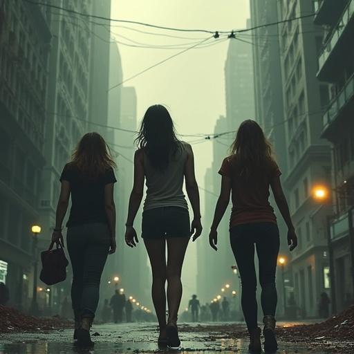Three women walking away in a foggy city street. Urban environment with muted colors and a sense of danger. Dim lighting creates a mysterious atmosphere.