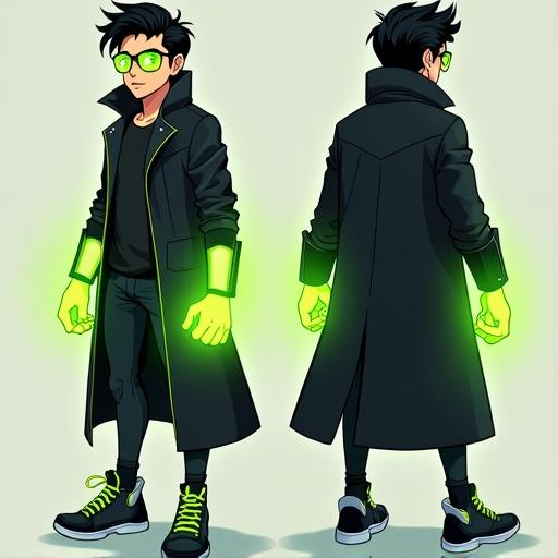Superhero characterized by modern animated style and cool outfit. Long black trench coat over casual dark attire, bright green highlights visible. Glasses and glowing green energy accentuating arms create futuristic vibe. Character displayed from front and back to emphasis outfit details. Green energy suggests dynamism and readiness for action. Neutral background enhances focus on character. Conveys power and vibrancy suitable for heroic themes.
