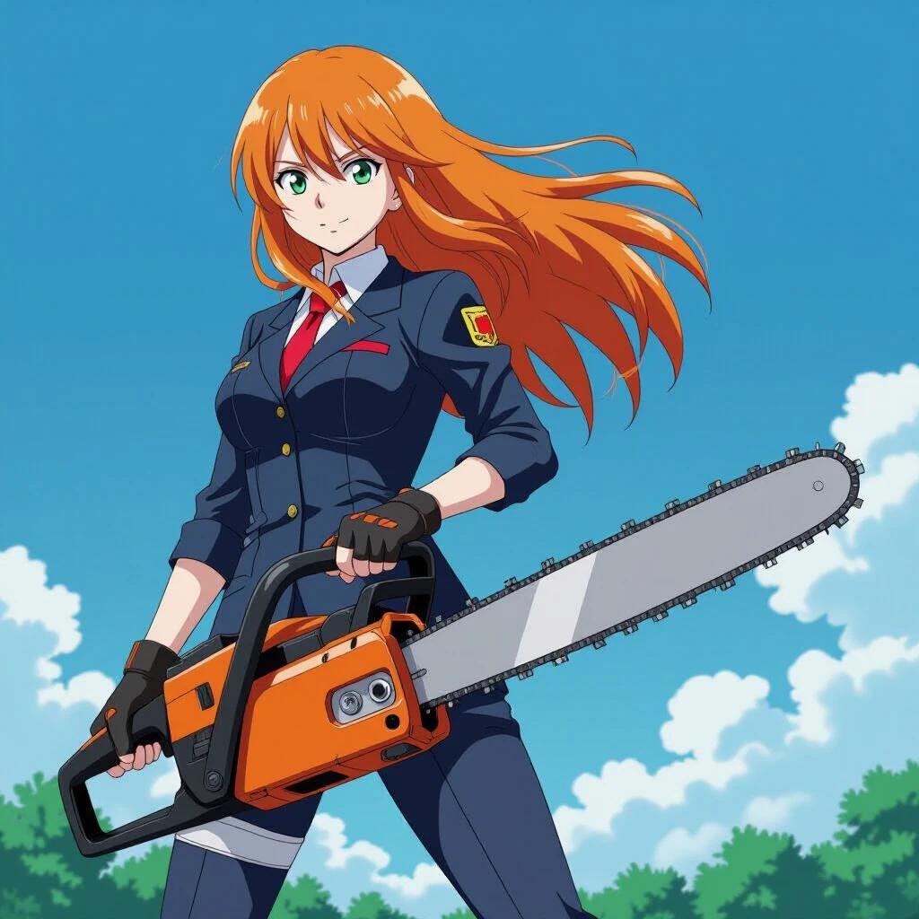 Anime character in a blue outfit with orange hair. Character holds a chainsaw confidently. Bright day scene with clear blue sky and white clouds. A strong and bold stance illustrates action and determination.