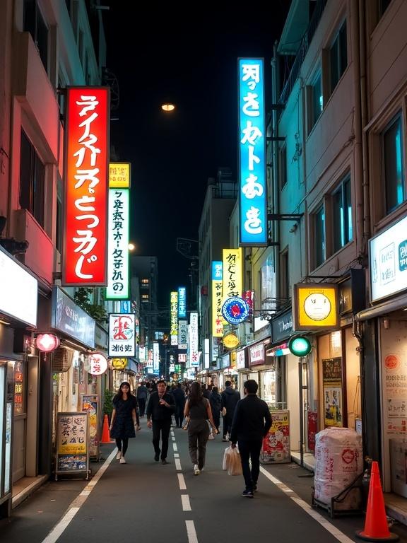 Nighttime photograph of narrow city street in Japan. Bustling activity with colorful neon signs in Japanese characters. Shop fronts illuminated with bright lights. People walking, some carrying bags. Urban environment with modern buildings. Uryon Hotel sign in background. Warm and cool tone ambiance. Street lined with small businesses. Casual clothing worn by pedestrians. Orange traffic cone on the right. White road markings visible. Night sky overhead.