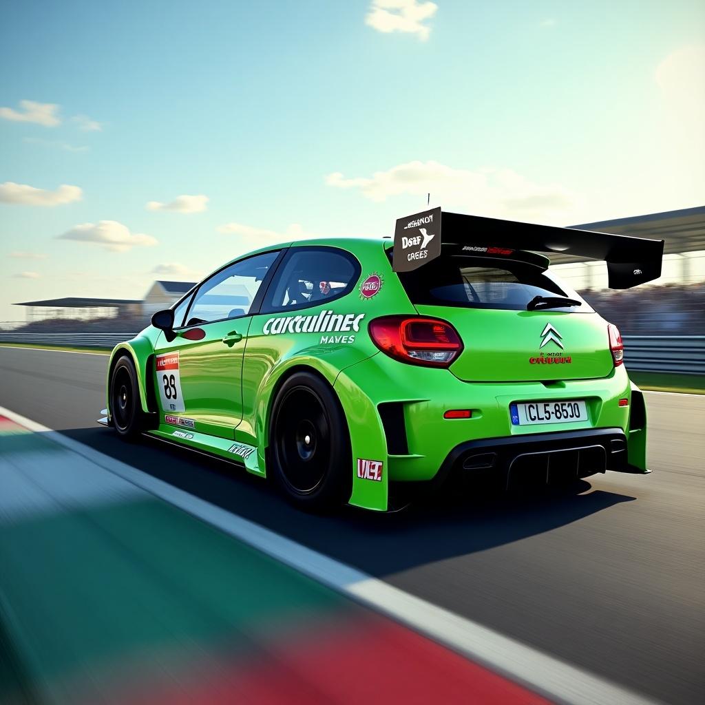 The image showcases a striking green Citroën C3 race car from 2006, prominently featuring a large rear spoiler. Accentuated with various sponsors, the car exudes a competitive spirit set against the backdrop of a racing track. Brightly colored, the vehicle captures attention while speeding past the viewer. The scenery reflects an exciting race day atmosphere, with clear skies and a well-maintained circuit. This scene perfectly encapsulates the thrill and energy of motorsports, making it ideal for promotional uses and car enthusiasts.