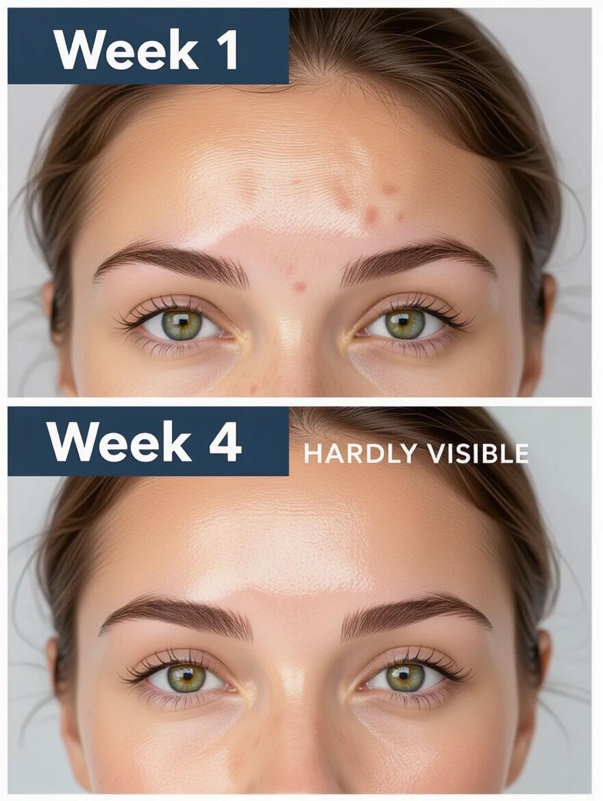 Timelapse of woman's face progression over three weeks. Week 1 shows significant acne and pimples. Week 2 displays reduced acne. Week 4 reveals almost clear skin with minor imperfections. Realistic portrayal of skin clarity improvement.
