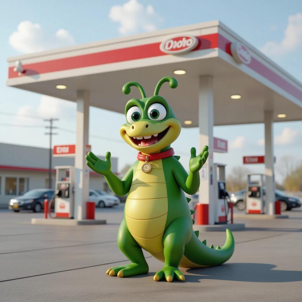 A cartoon character at a gas station. The character is green and reptilian, with a friendly smile and arms open wide. The backdrop shows gas pumps and a branded station.