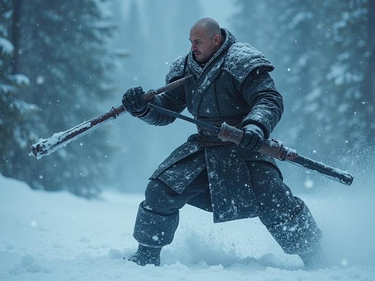 Dynamic full-body shot of a martial artist in a snowy landscape. Character in action pose wielding weapon. Snowflakes fall in the background. Cool and dark atmosphere. Cinematic elements enhance drama.