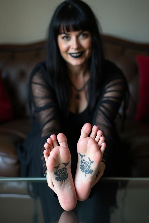 Mature goth woman has long black hair and black lips. Feet are tattooed. Woman is sitting on couch. Feet rest on glass table. Dress in goth attire. Woman is smiling.