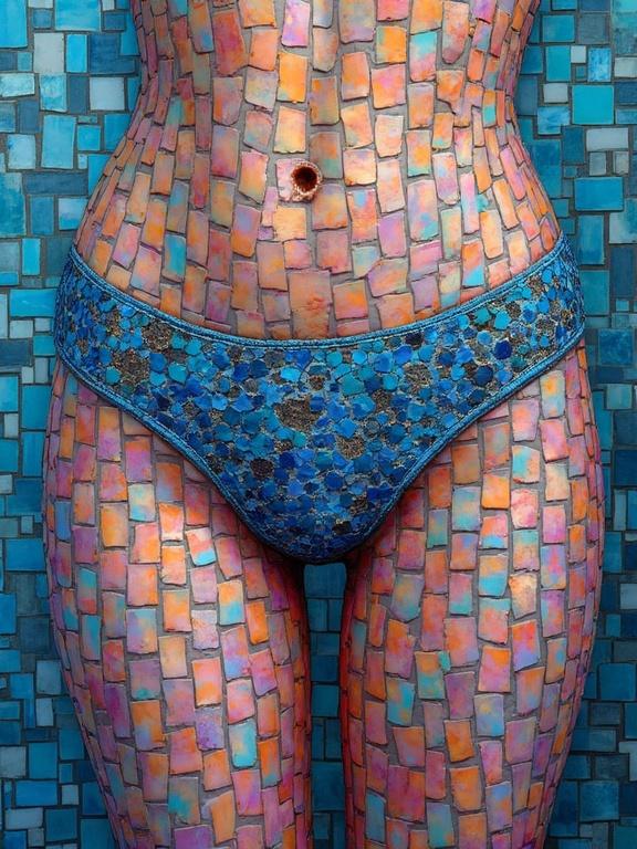 A body painted with iridescent ceramic tiles. Bright blue undergarments with a mosaic design. Ethereal and abstract art style. Detailed textures create a mesmerizing effect. Close-up of the lower torso.