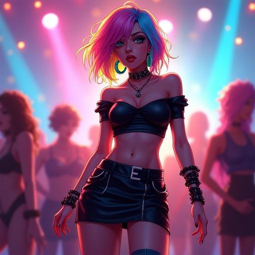 Digital illustration featuring a stylish female figure with colorful hair. The character wears a trendy outfit including a crop top and leather miniskirt. Accessories enhance her look. The background is filled with colorful lights, evoking a nightclub atmosphere.