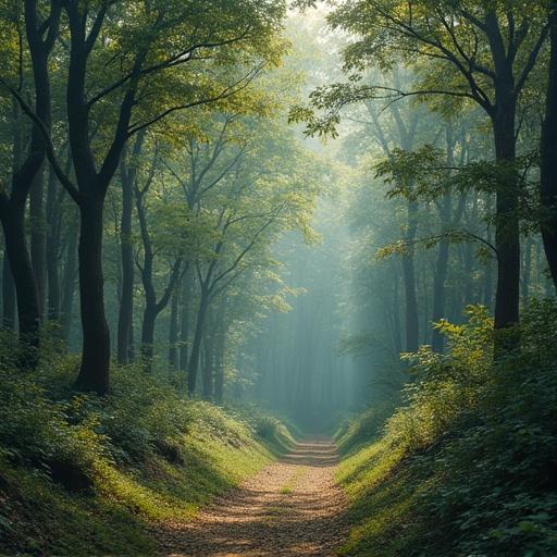 Misty forest with tall trees and a winding path. Soft sunlight filters through leaves. Serene atmosphere invites exploration.