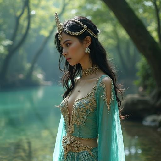 A tall, fair-skinned woman in a turquoise Arabian princess outfit stands beside a lake in a glowing forest. Her outfit has gold embroidery and sequins. She wears a bejeweled headpiece. Her black hair shimmers in the soft light. The princess looks breathless as she gazes at a unicorn nearby.