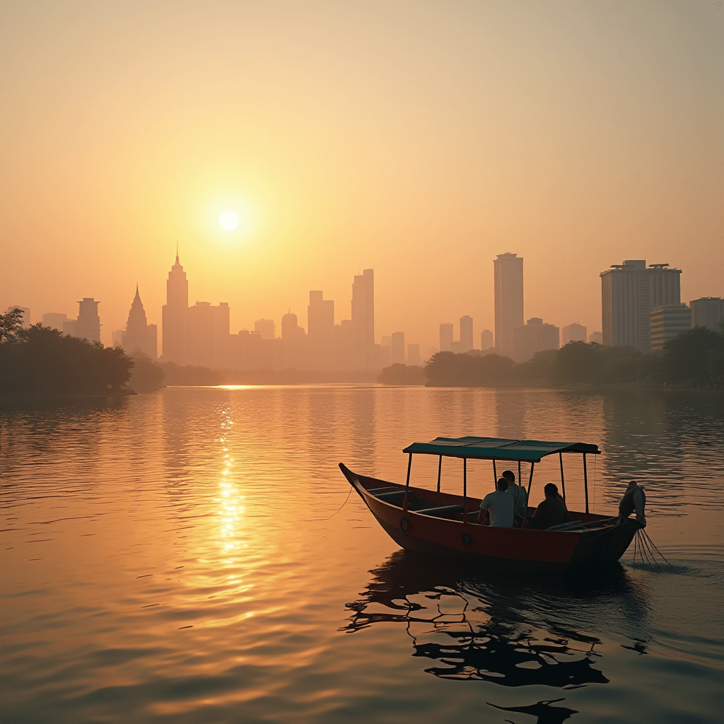 A small boat with three people is silhouetted against the warm hues of a sunset, reflecting over the calm waters, with a city skyline looming in the hazy distance.