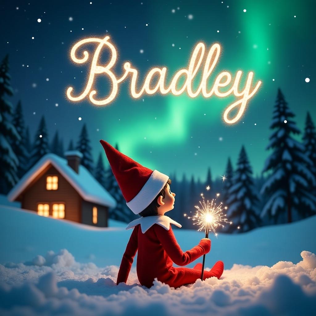 An elf on the shelf seated on snowy ground gazes upward. The elf holds a shimmering magic wand. Above, the name 'Bradley' is in sparkling letters. Northern lights create a magical backdrop. Soft snow covers the landscape with a cozy cabin nearby. The scene radiates warmth and captures holiday joy.