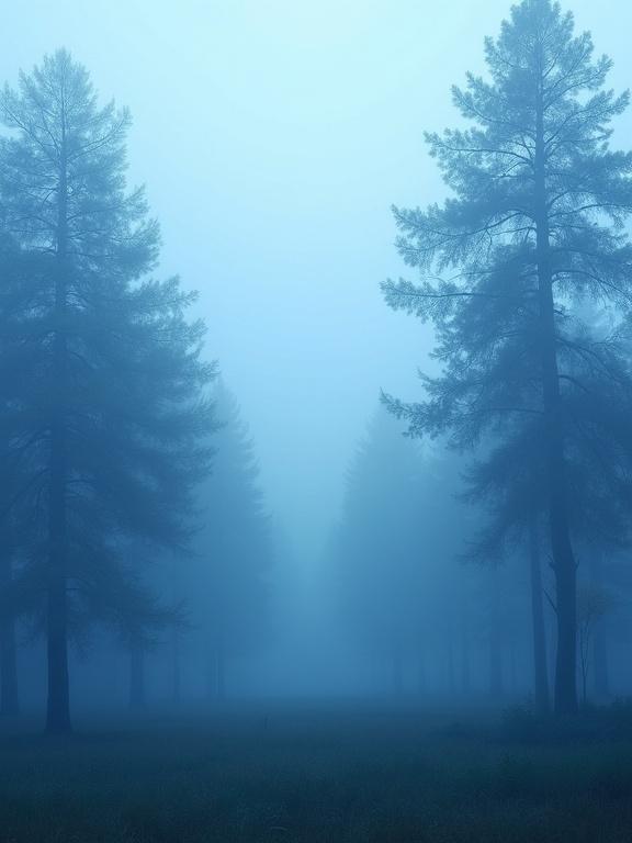 A forest with tall trees shrouded in blue mist. The image portrays a tranquil atmosphere with soft colors. The viewpoint shows a path disappearing into the mist. A serene and mystical scene.