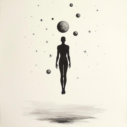 Neutral human form with no facial features. Levitating figure surrounded by stars and planets. Monochrome minimalist sketch with delicate ink lines on textured paper. Inspired by traditional Asian brushwork, evokes serenity.