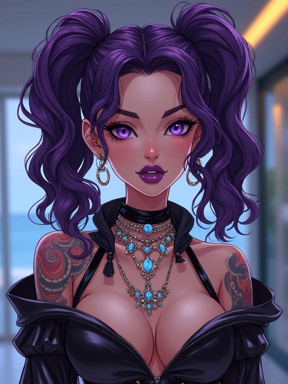 Anime character with purple hair and hazel eyes. Dressed in a Burberry printed outfit. Wears amethyst jewelry. Displays a serious expression. Features colorful yakuza tattoos. Set in a modern building. Represents a powerful female character.
