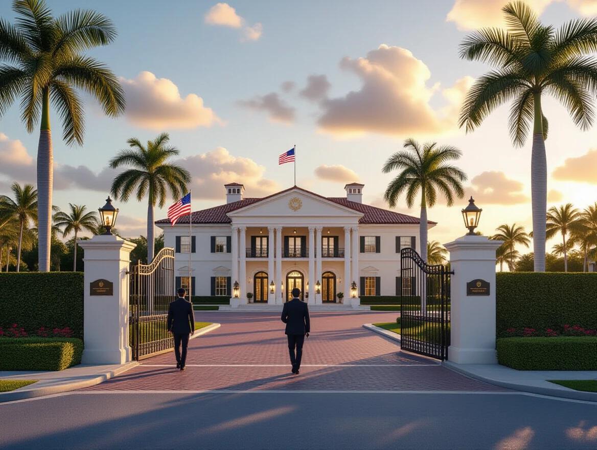 Ultra-realistic 3D image of Mar-a-Lago mansion at dawn. Calm atmosphere. Clear sky with golden morning light. Secret Service agents positioned at the gates. Serious expressions. Background features palm trees and half-mast American flag.
