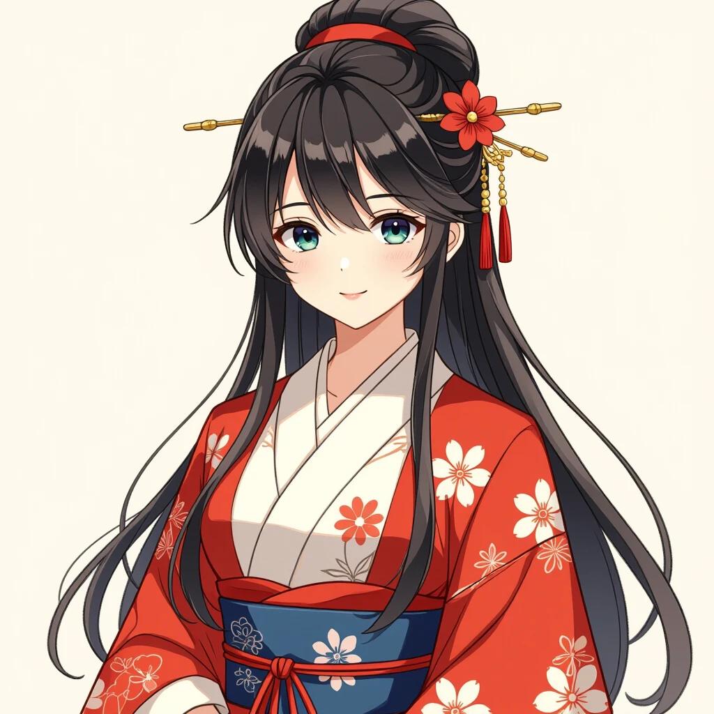 Anime character in traditional hanfu outfit. Features long black hair with accessories. Outfit is red with floral patterns. Gentle smile and vibrant eyes.