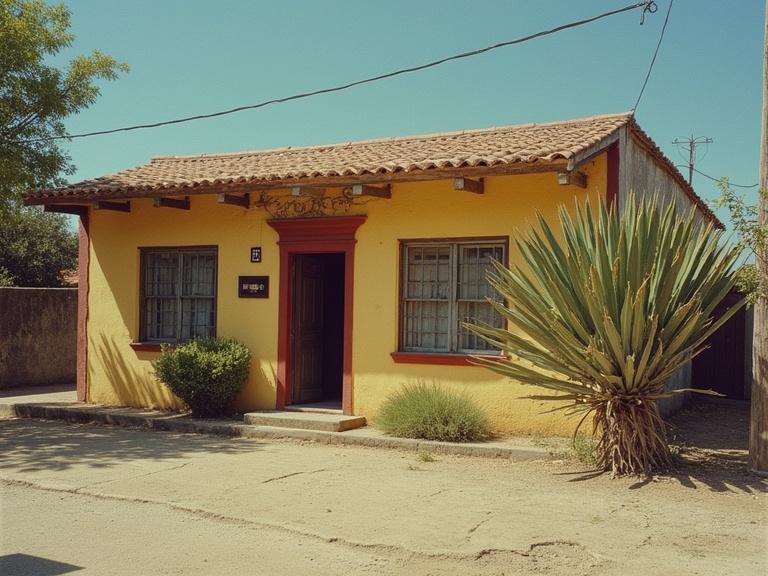 Image of a vintage Mexican village from the 1960s. A vivid yellow house featuring red trim. Surrounded by lush greenery and a typical agave plant. Captured in bright sunlight. Emphasizing realism and historical architecture.