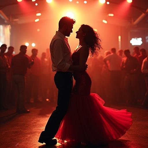A couple dancing salsa passionately. The man is wearing a formal outfit. The woman wears a striking red dress. The background shows energetic dancers and warm lighting. Ideal for a WhatsApp group profile about salsa classes.
