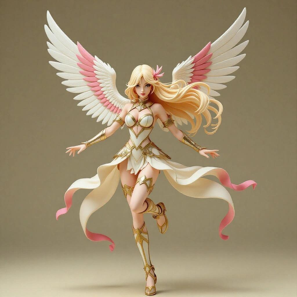 Adult female resin figure inspired by aviary themes. Stylized and elegant design with a light athletic body. Long hair in blonde and pink flowing in a dynamic pose. Outfit resembles winged warrior style with gold and cream. Wings resembling Pidgeot's in flight. The pose conveys landing or takeoff. Expression is tranquil yet firm. Base features a rocky floor to show movement.
