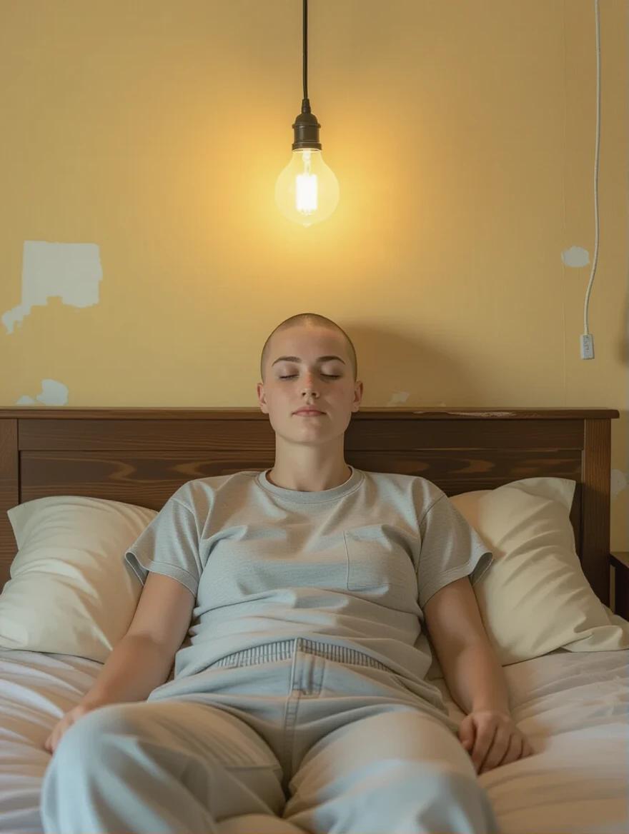 A person lies on a bed in a cluttered room. They have a buzz cut. Soft light comes from a bare bulb. Eyes closed with a wistful smile. Room has faded yellow walls and a worn mattress. They wear slightly stained clothes. Dream images appear of money and a beautiful beach. This scene shows contrast between reality and dreams.