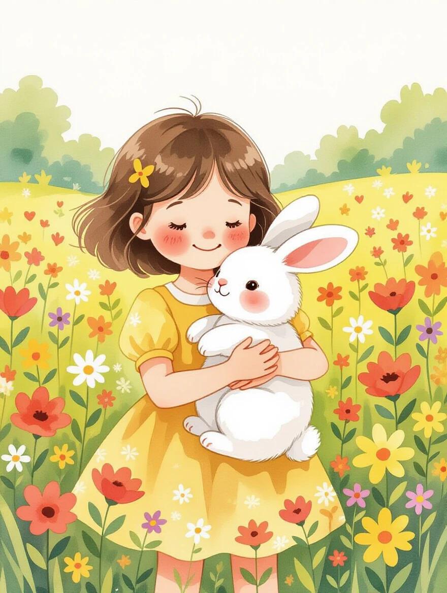 A whimsical watercolor painting features a little girl in a yellow dress with short brown hair holding a fluffy white bunny. The background consists of a vibrant flower-filled field with various colors and styles of flowers. The girl and the bunny have joyful expressions, capturing a playful moment.