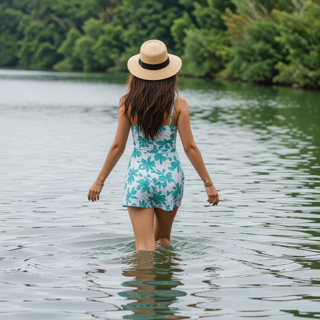 Woman walking through calm waters wearing a floral swimsuit and a straw hat