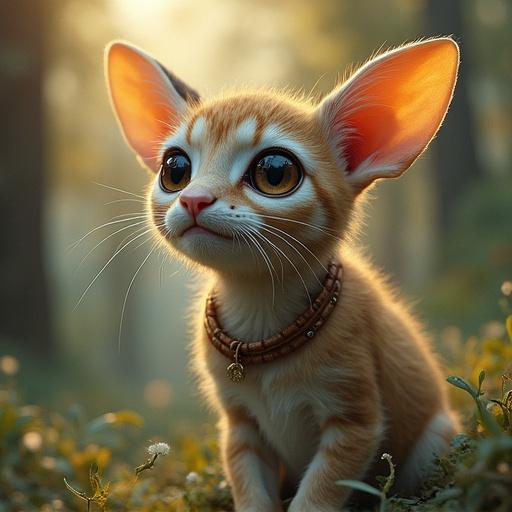Cat with exaggerated features and big eyes in a forest environment. Soft light filtering through trees creating a magical atmosphere.
